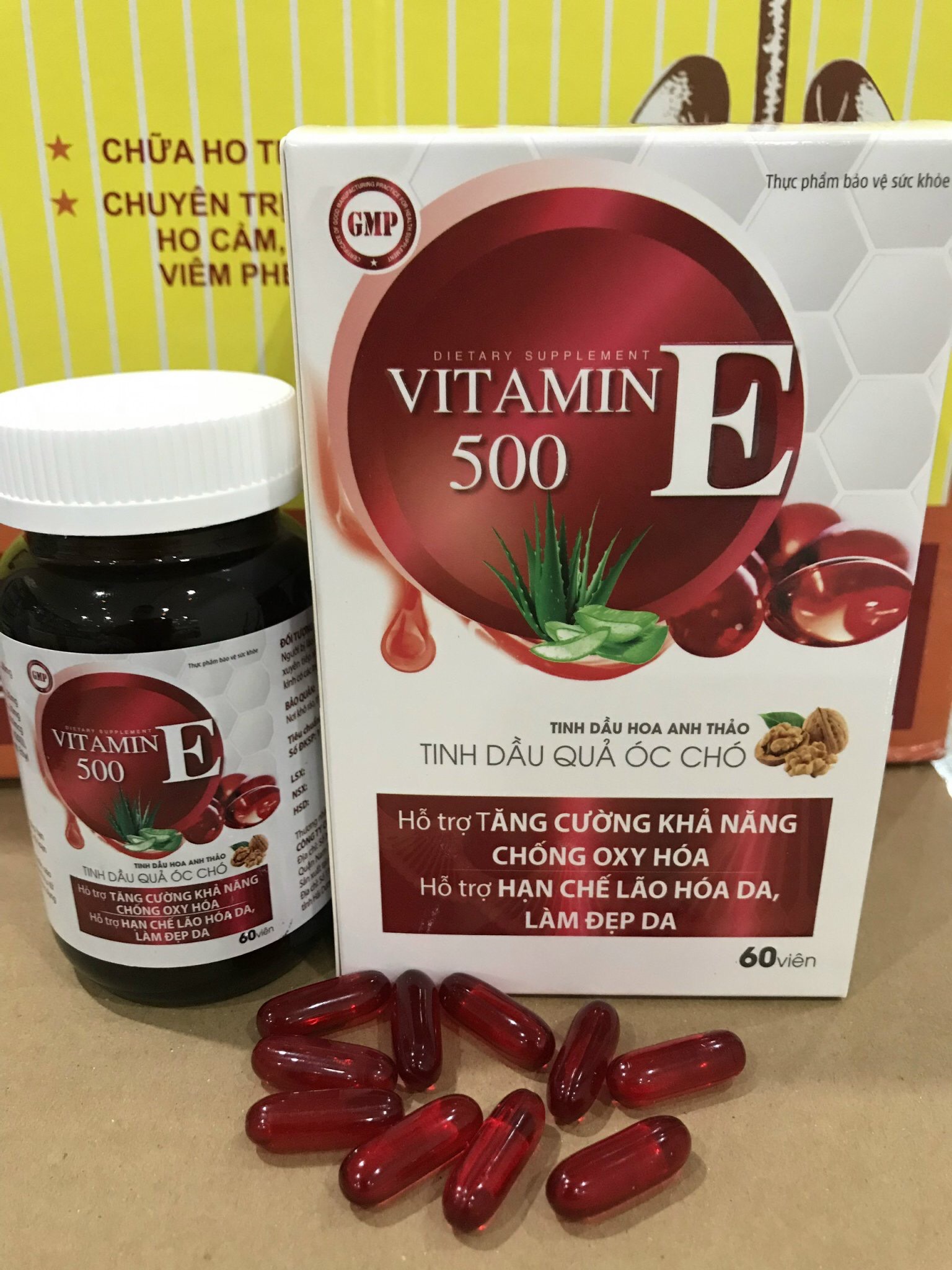 Viên Uống Đẹp Da Vitamin E Đỏ- Chiết Xuất TInh Dầu Óc Chó Dầu Hoa Anh Thảo Dầu Hạnh Nhân Giúp Chống Oxy Hóa Giảm Nếp Nhăn Mờ Thâm Nám Cân bằng nội tiết tố hộp 60 viên