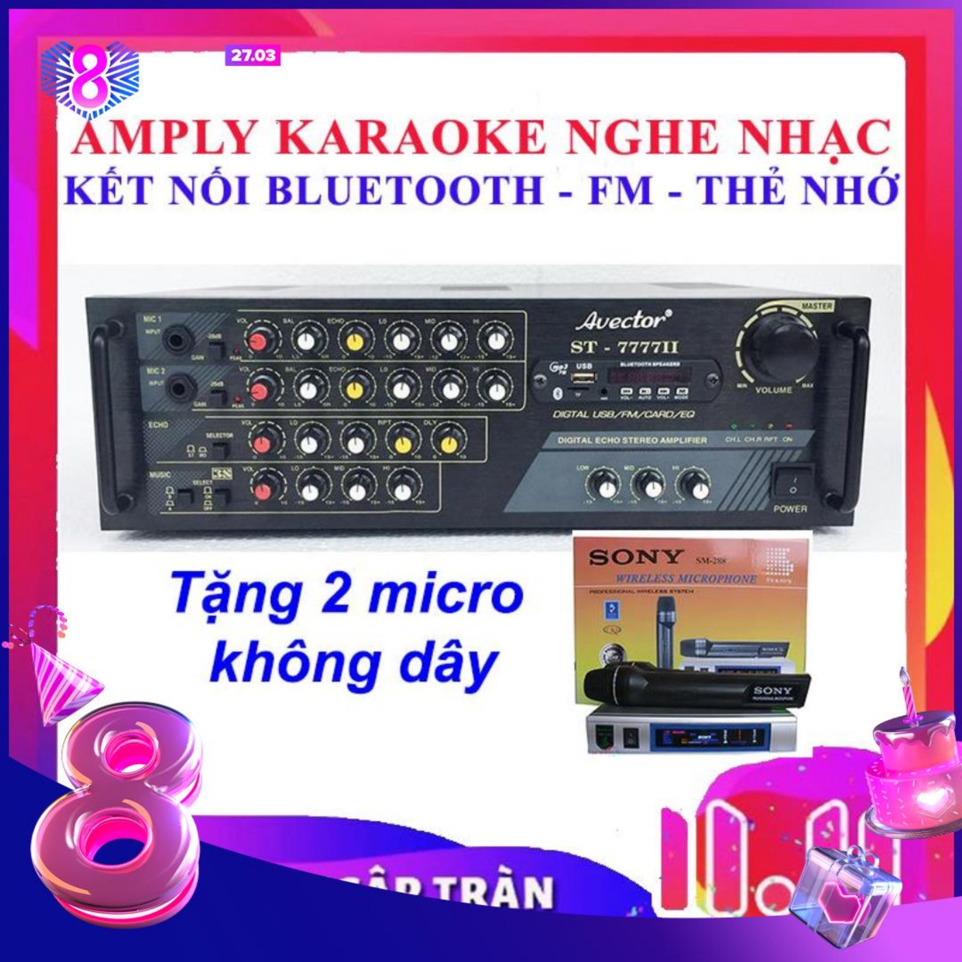Ampli karaoke bluetooth Amply nghe nhạc gia đình BLUETOOTH AVECTOR 7777II  karaoke cực hay tặng bộ 2 micro không dây 288