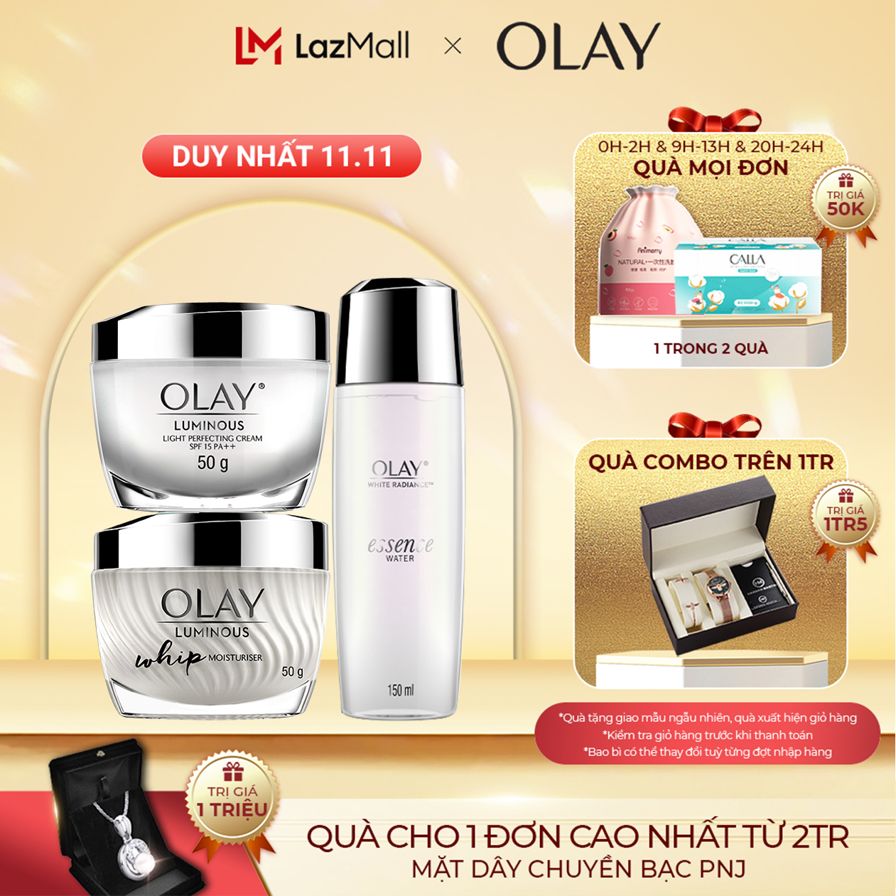 [25-30.11 DEAL SỐC ĐƠN 749K TẶNG 4 QUÀ] Combo 3 Sản Phẩm OLAY Luminous Mỏng Nhẹ Dưỡng Trắng Da Và Mờ Thâm Nám: Kem Dưỡng 50gx2 + Tinh Chất Nước Thần 150ml [Số lượng quà có hạn]