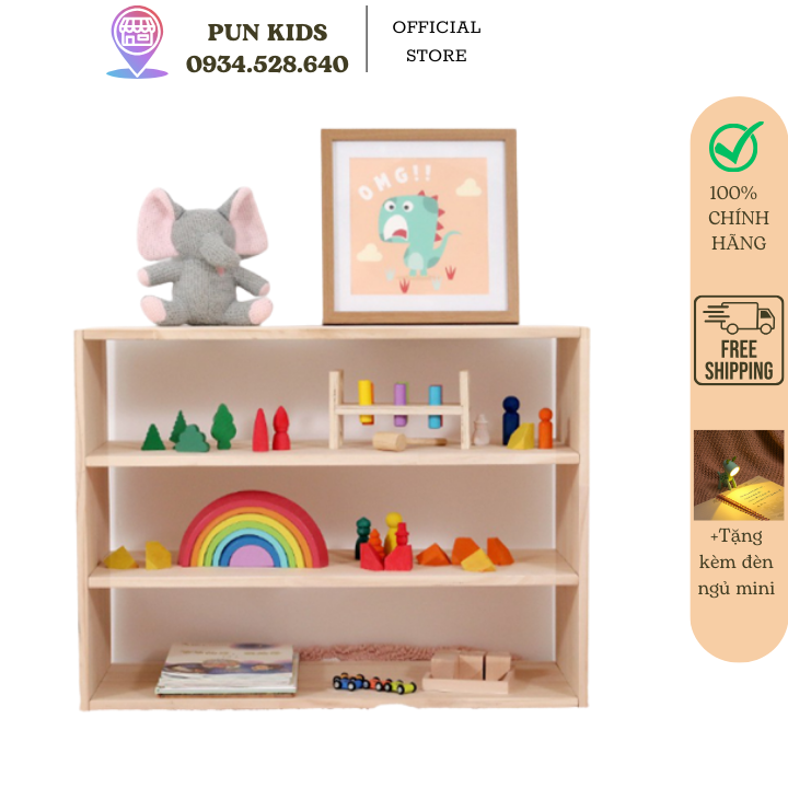 Kệ đựng sách 3 tầng, giá đựng đồ cho bé bằng gỗ, phủ bóng, mịn, an toàn cho trẻ Montessori, gía sách, kệ đựng đồ đa năng