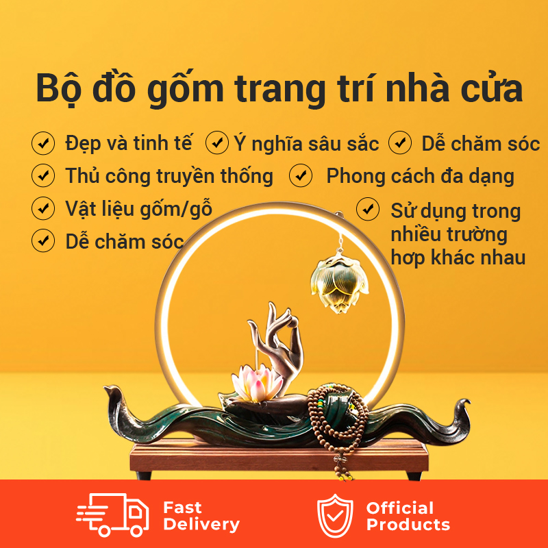 Thác Khói Trầm Hương phật thủ liên hoa kèm đèn led cao cấp, phật liên hoa dược sư thủ trang trí decor phòng gia đình