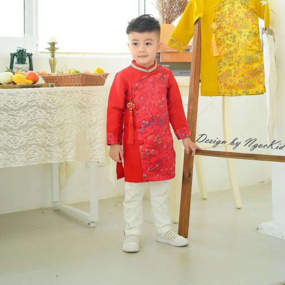 Áo dài gấm hoạ tiết bé trai