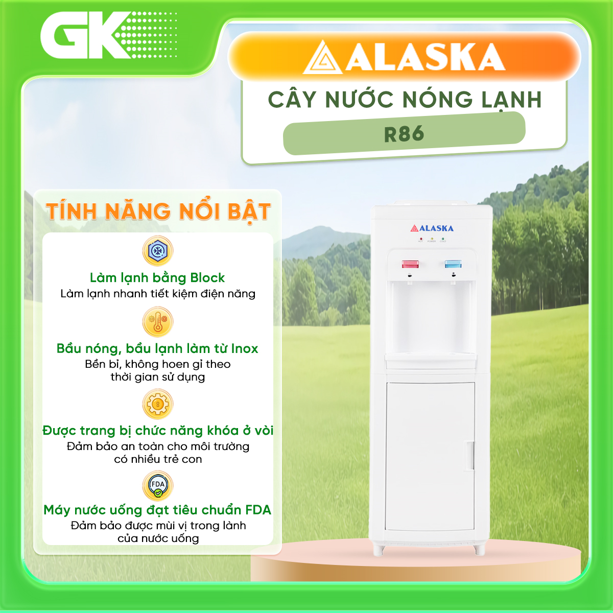 Máy Nước Uống Nóng Lạnh Alaska R-86 - Cây Nước Bình Úp Trên, Kích Thước 300x290x820mm