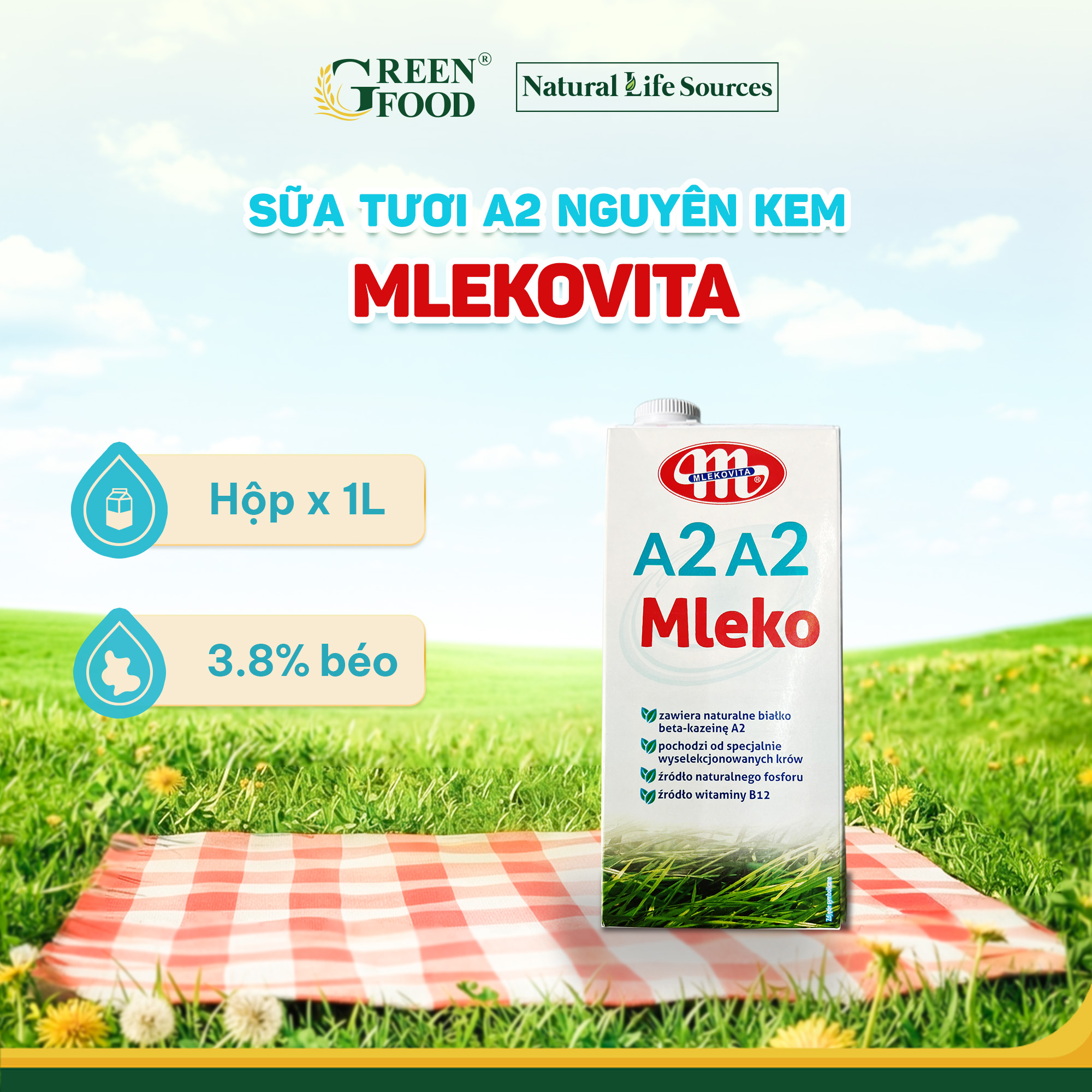 Sữa Tươi Mlekovita A2A2 Nguyên Kem Cao Cấp - Hộp 1L nhập khẩu Ba Lan, Độ Béo Cao 3.8 Dễ Tiêu Hóa Giàu Đạm và Canxi