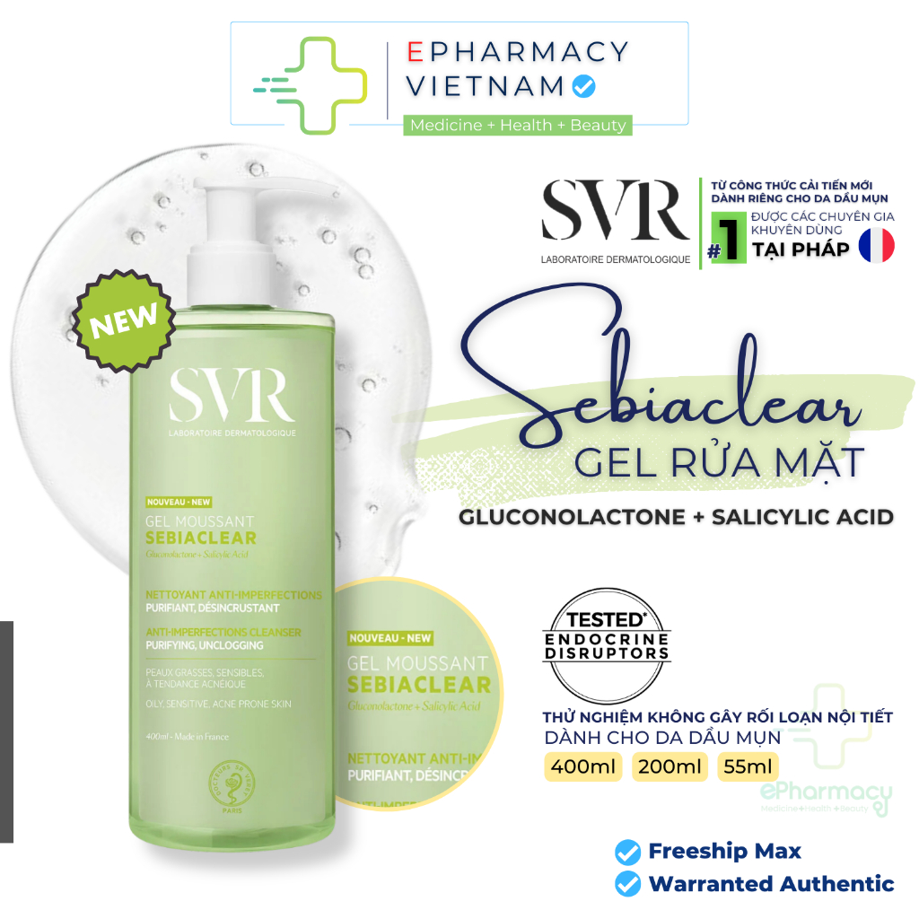 Gel rửa mặt SVR Sebiaclear Gel Mousant không chứa xà phòng, làm sạch & loại bỏ tế bào da chết