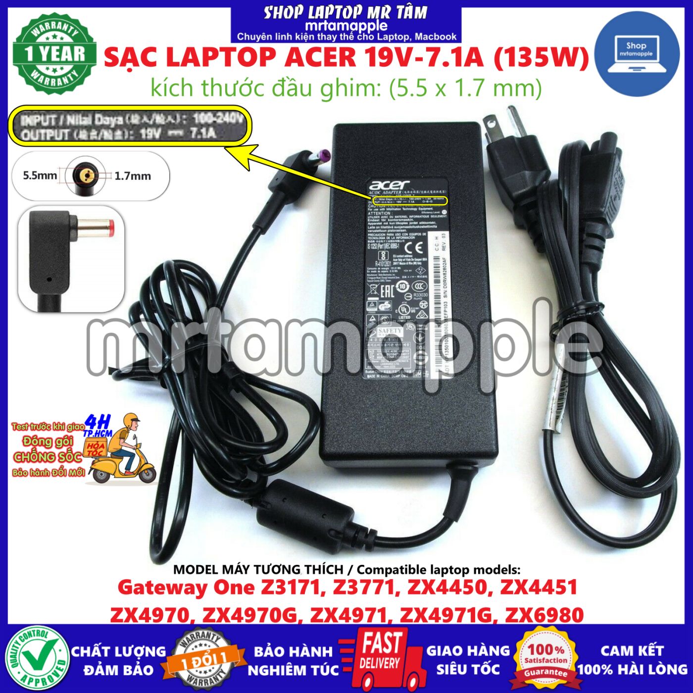 SẠC LAPTOP ACER 19V-7.1A (135W) 5.5 x 1.7mm dành cho Aspire VX 15 VX15, Nitro 5 N18C3 AN515-51 AN515-41, Nitro 7 AN715-51