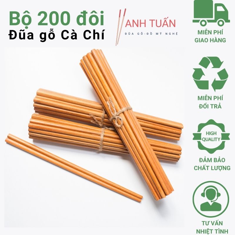 [Siêu tiết kiệm] Bộ 200 đôi đũa ăn cơm đũa gỗ CÀ CHÍ, đũa đẹp tự nhiên, không cong vênh, chống trơn tuột, chống mốc, kháng khuẩn