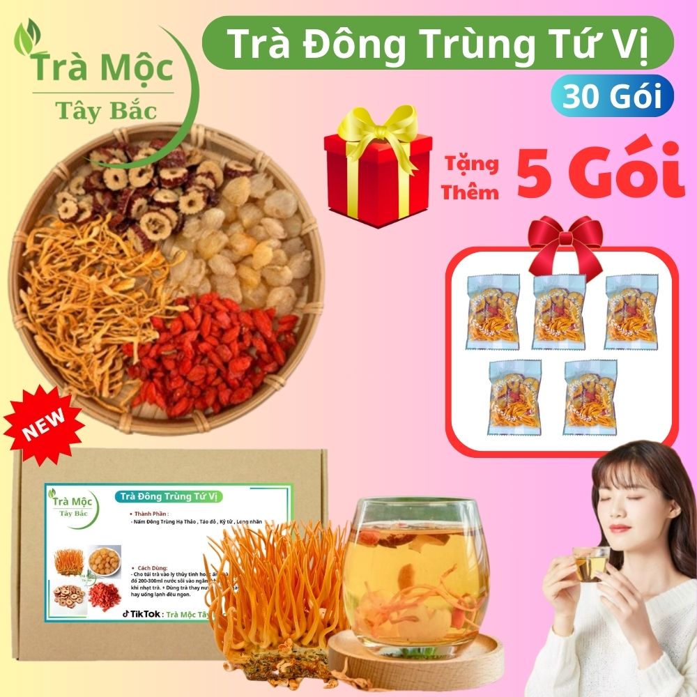 Trà đông trùng tứ vị Sét Hộp 30 gói TẶNG THÊM 5 GÓI thảo mộc Tây Bắc (nấm đông trùng hạ thảo, táo đỏ, kỷ tử, long nhãn) hàng chọn có mix thêm đường phèn, trà thảo dược tây bắc - nước trà tea chè - tăng cường sinh lý , bồi bổ sức khỏe Mịn Da Ngủ Ngon, Gi