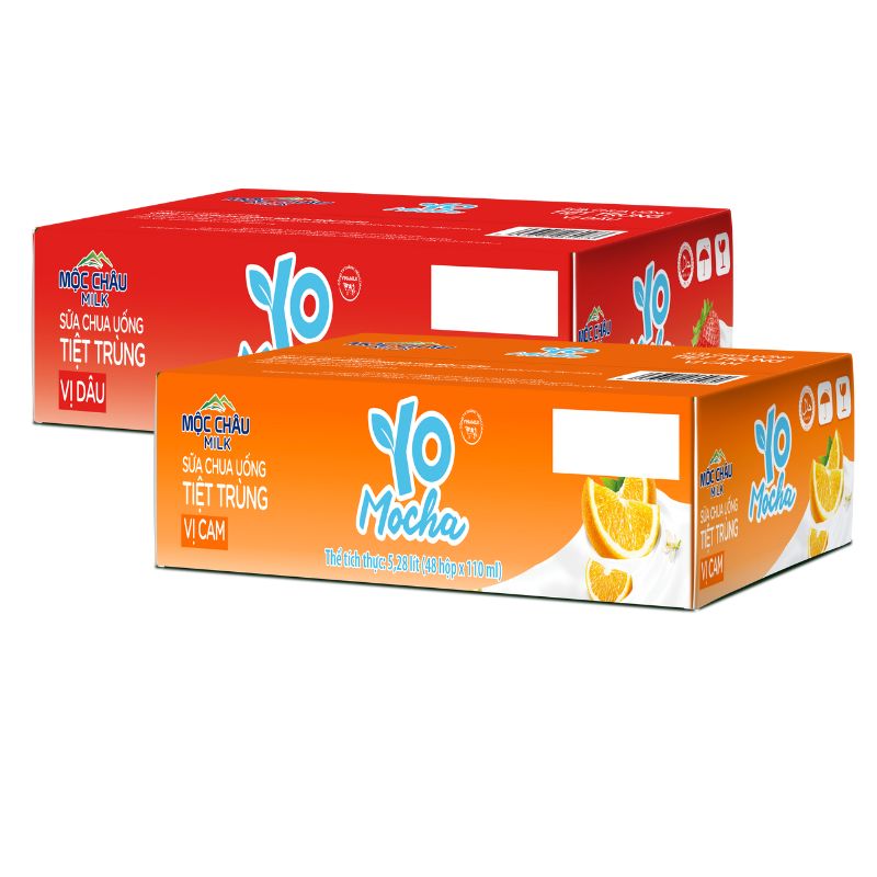 Combo 02 thùng Sữa chua uống tiệt trùng vị cam, vị Dâu Yo mocha 110ml Mộc Châu Milk (110ml x 96 Hộp)