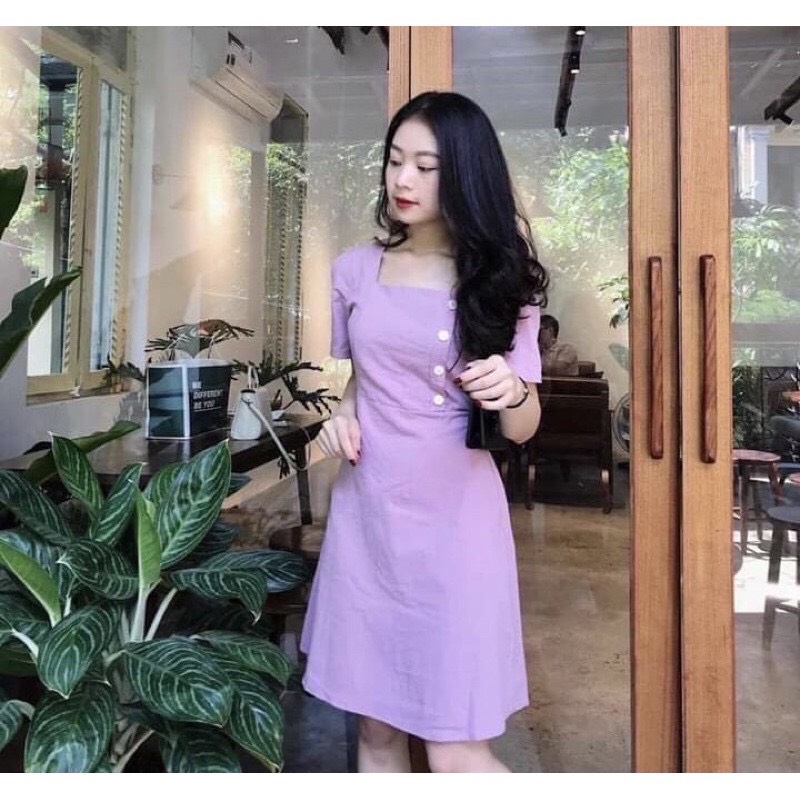 Đầm nữ cổ vuông khuy lệch