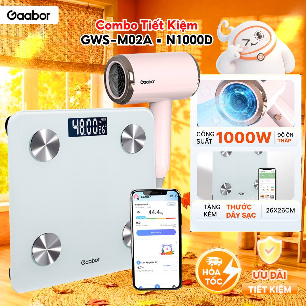 Combo 271 Cân sức khỏe điện tử có app phân tích cơ thể GWS-M02A và máy sấy tóc ánh sáng xanh 1000W N1000D - Hàng chính hãng