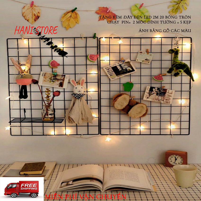 Khung lưới sắt trang trí  KS01 Hani Store tặng kèm bộ quà tặng: Dây đèn LED 20 bóng+ 2 móc dính tường xịn + 5 kẹp ảnh gỗ các màu siêu xinh.