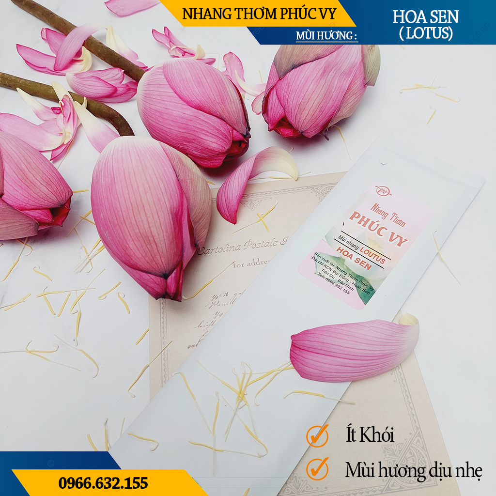 Nhang Thơm Phúc Vy Hương Sen Lotus - Túi 39 Cây 28cm, Ít Khói, Thơm Nhẹ, Dễ Chịu, Không kích mũi