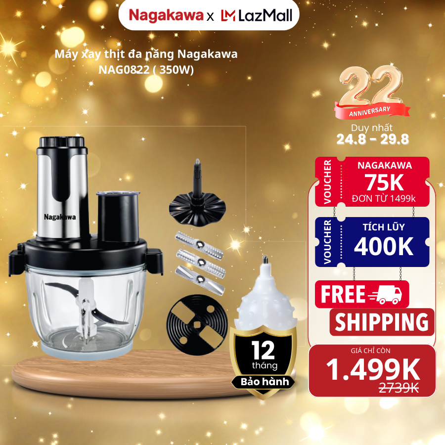 Máy xay thịt đa năng Nagakawa NAG0822, cối thủy tinh 2 lít, lưỡi dao kép, 6 chức năng, công suất 400W, bảo hành 12 tháng