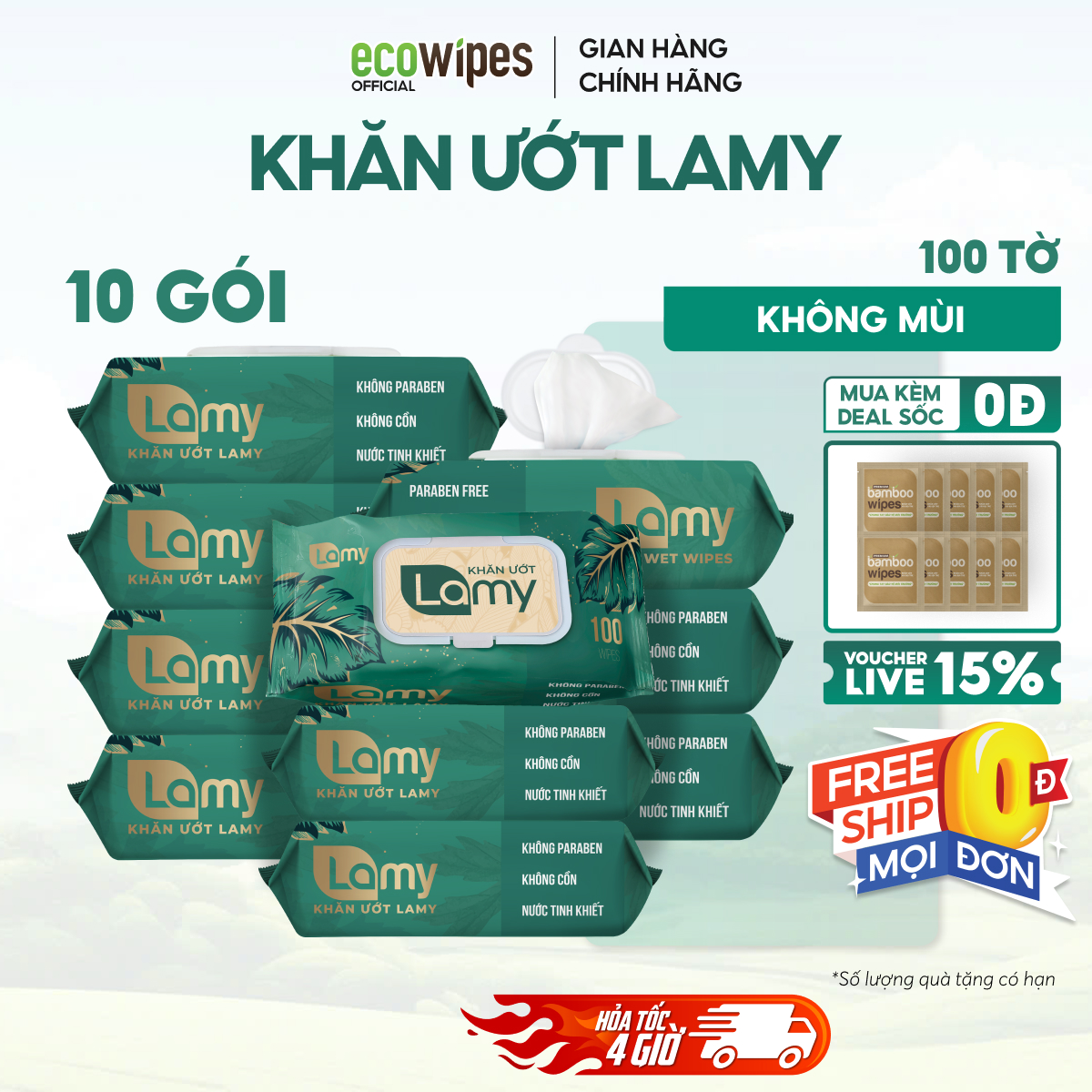 Thùng 10 gói khăn ướt LAMY 100 tờ không chất tẩy trắng không cồn không paraben
