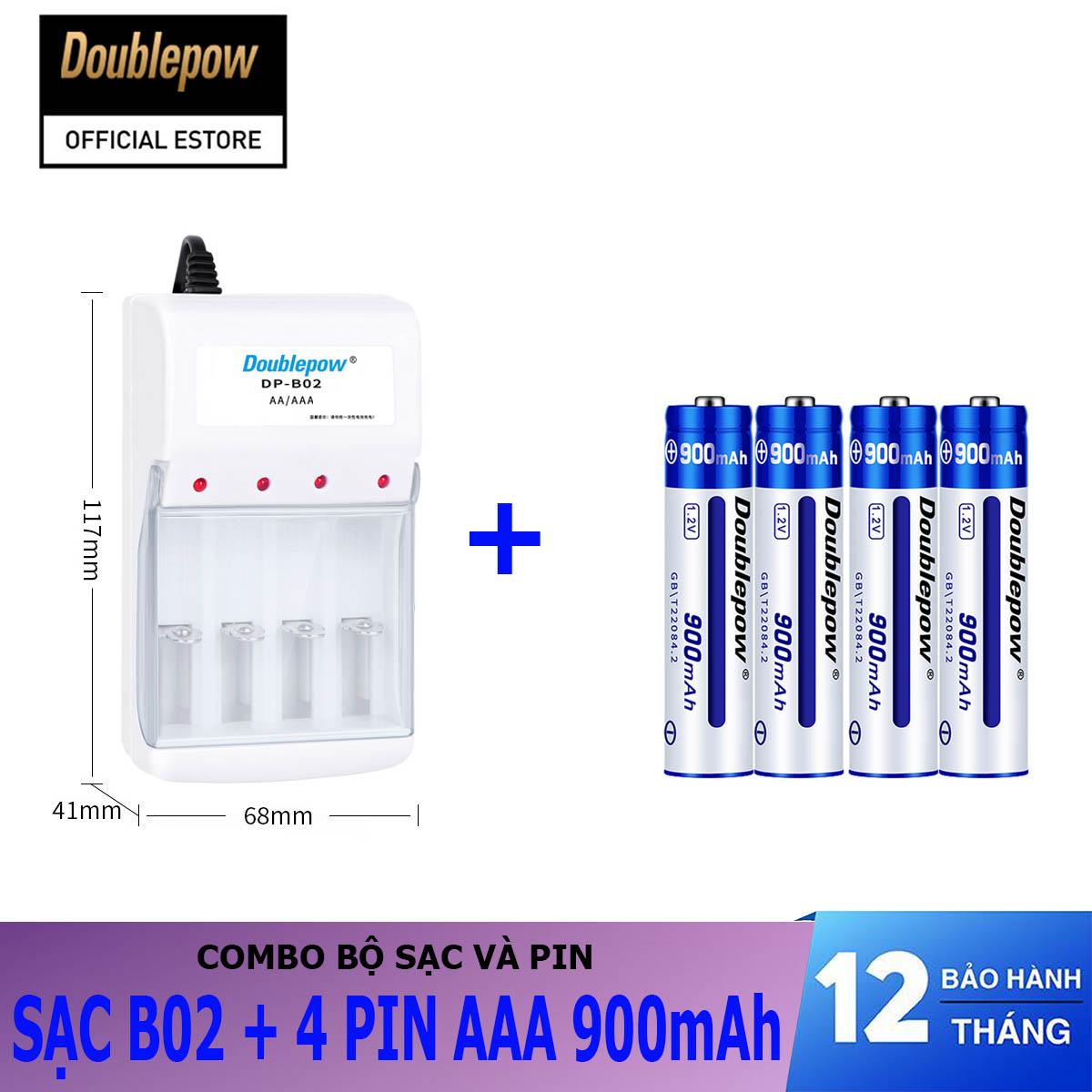Combo sạc pin 4 cổng B02 và 04 viên pin sạc AAA 900mAh - Doublepow