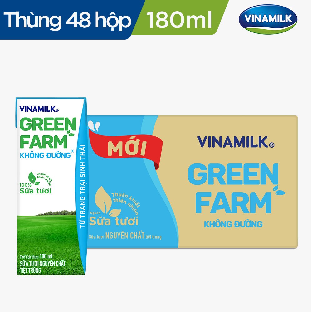 Sữa Tươi Tiệt Trùng Vinamilk Green Farm Không đường - Thùng 48 hộp 180ml