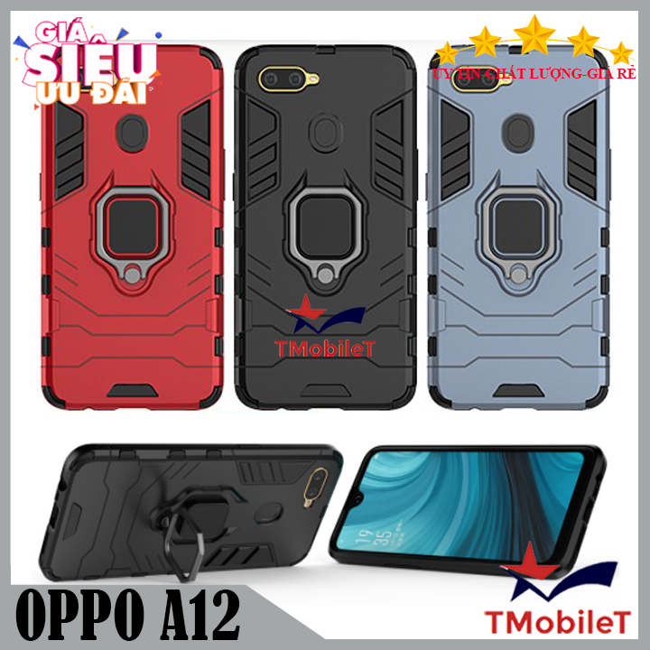 Ốp lưng OPPO A12 chống sốc Iron Man gắn giá đỡ iring hỗ trợ xem video, chống va đập mạnh - Màu Đen