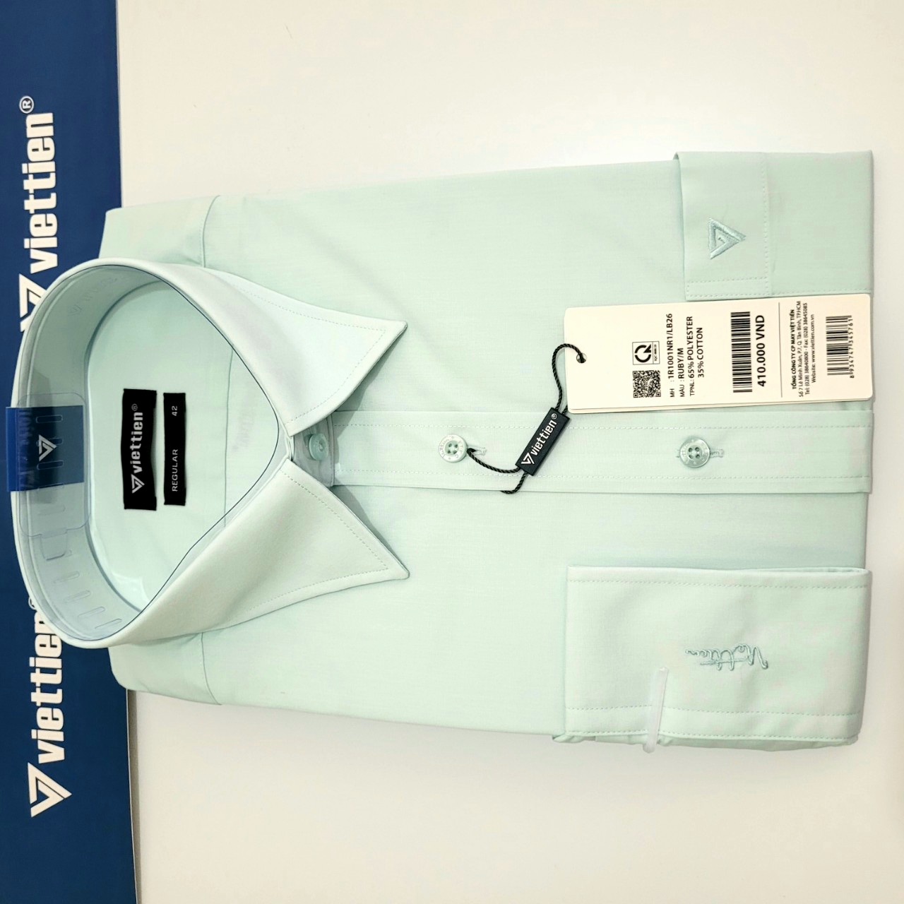 [HCM]Áo sơ mi nam công sở VIỆT TIẾN chính hãng  màu xanh ngọc - RUBY - dài tay vải kate áo form suông REGULAR - tà bầu. SHOP HỨA - THỜI TRANG NAM CÔNG SỞ