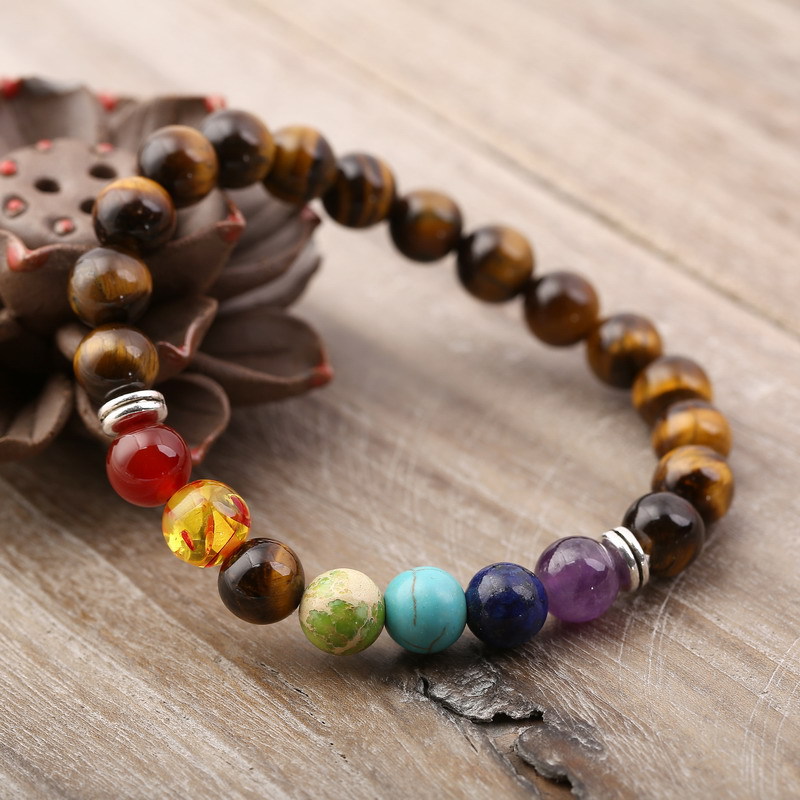 Vòng tay chuỗi đá mắt hổ, bảy hạt luân xa chakra, vòng tay yoga, phong thủy mang lại năng lượng tích cực, may mắn