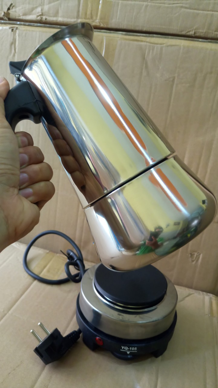 Combo ấm pha cà phê 450ml inox tặng kèm 1 bếp điện mini 500w bình pha cafe moka loại tốt