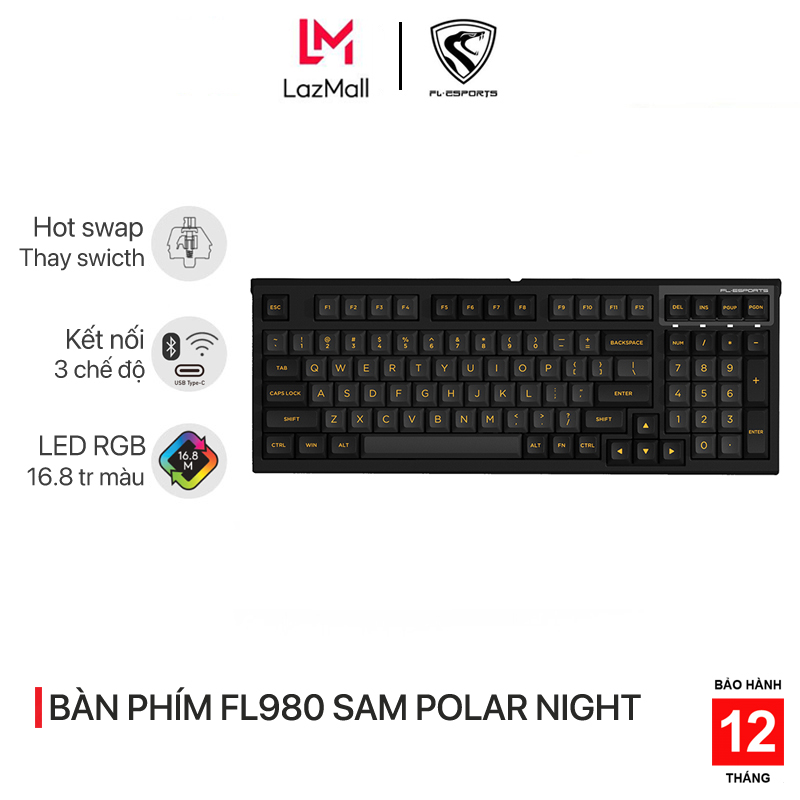 Bàn phím cơ chơi game không dây fl-esports fl980sam polar night - led rgb - 3 chế độ kết nối - kailh switch - hàng chính hãng