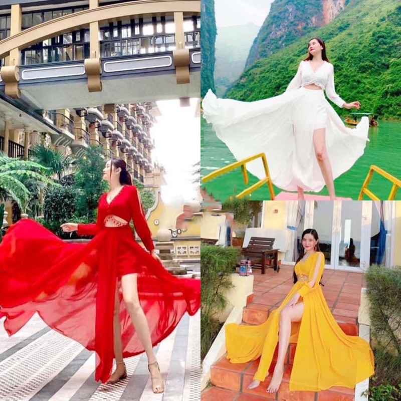 Đầm váy maxi đi biển hở vai khoét eo xẻ tà siêu sống ảo Hakieu MSP 037