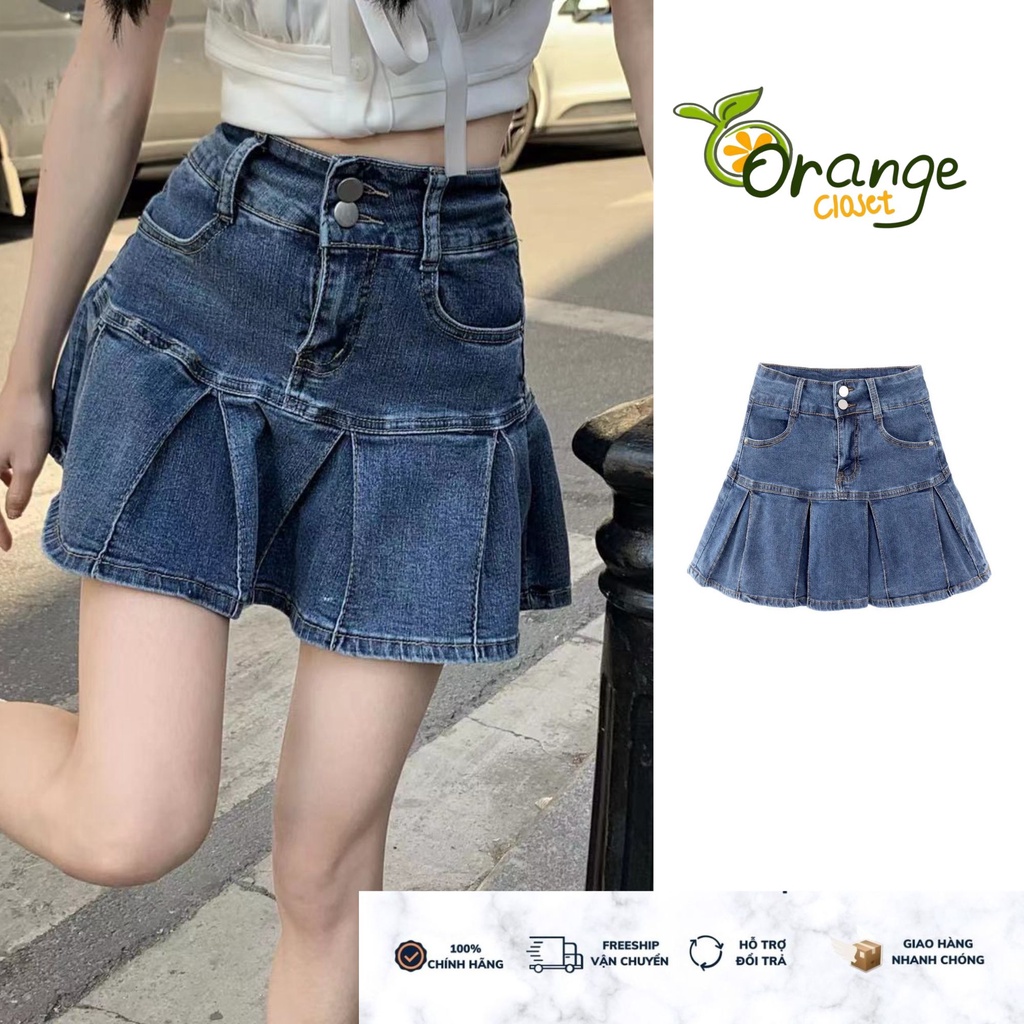 Chân váy denim ngắn lưng cao xếp ly xòe có quần trong chân váy lưng cao jean ngắn đuôi cá cvhq01
