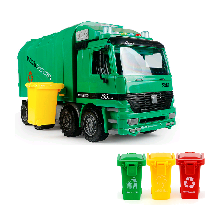 Đồ chơi xe ô tô chở rác đồ chơi trẻ em mô hình cỡ lớn màu xanh chạy đà có đèn và âm thanh tặng kèm 3 thùng rác mini