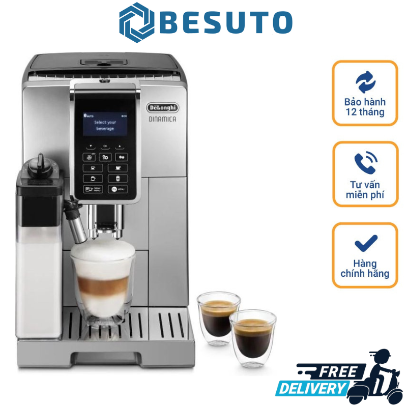 Máy pha cà phê tự động delonghi dinamica ecam 350.50.sb, delonghi coffee maker, máy pha cà phê gia đình, coffee machine, 15 bar, dung tích 1.8l, màn hình led, tự vệ sinh, nhập khẩu italy, bảo hành 12 tháng
