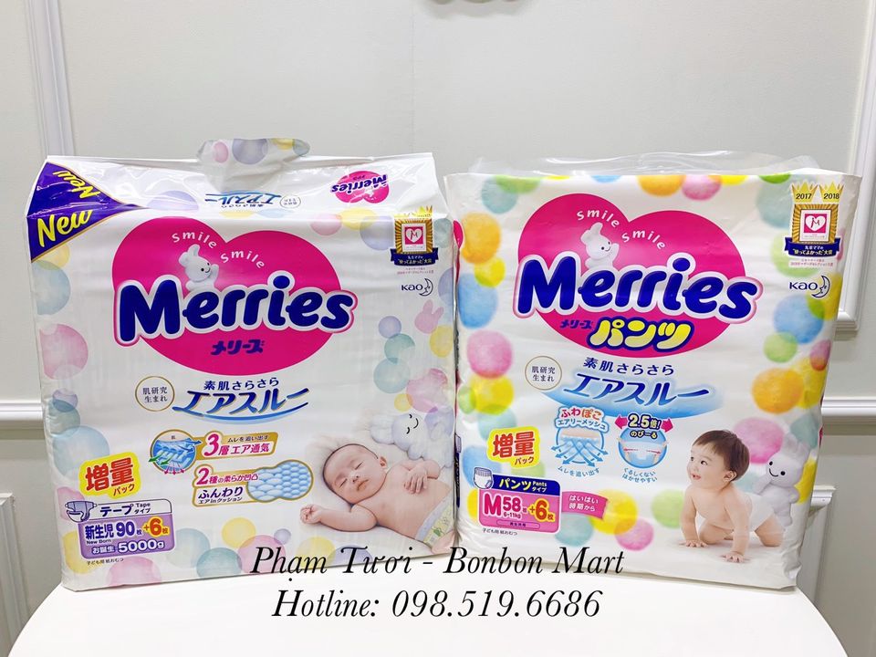 Bỉm Merries nội địa thêm miếng dán/quần đủ size phân phối chính hãng Bonbon Mart