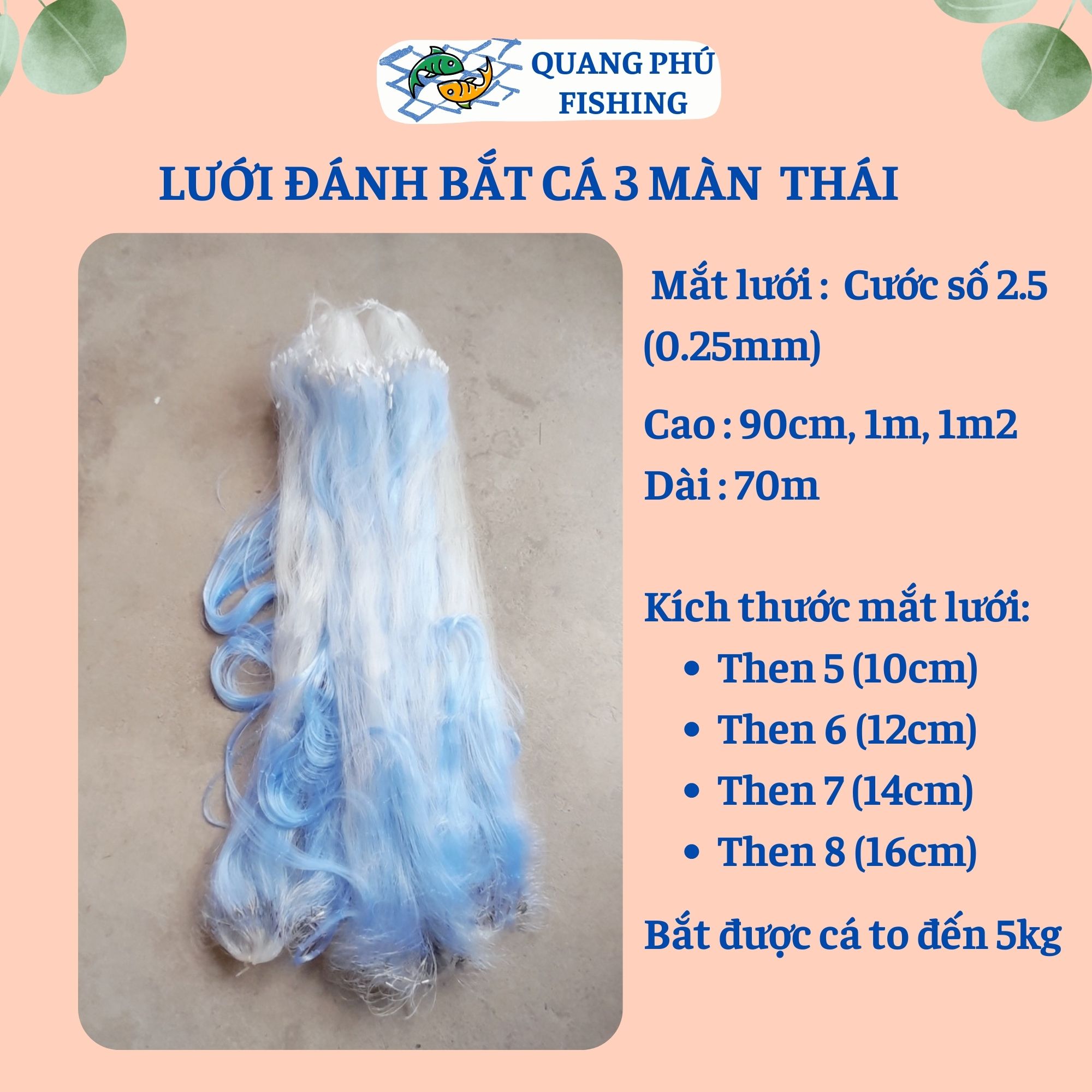 Lưới bắt cá sông 3 màn thái lan, sợi số 2.5, cao 90cm, 1m, 1m2, dài 70m then 5 , then 6 , then 7 , then 8 lưới đánh cá sông, hồ ao suối bắt cá trắm, cá chép, cá rô phi