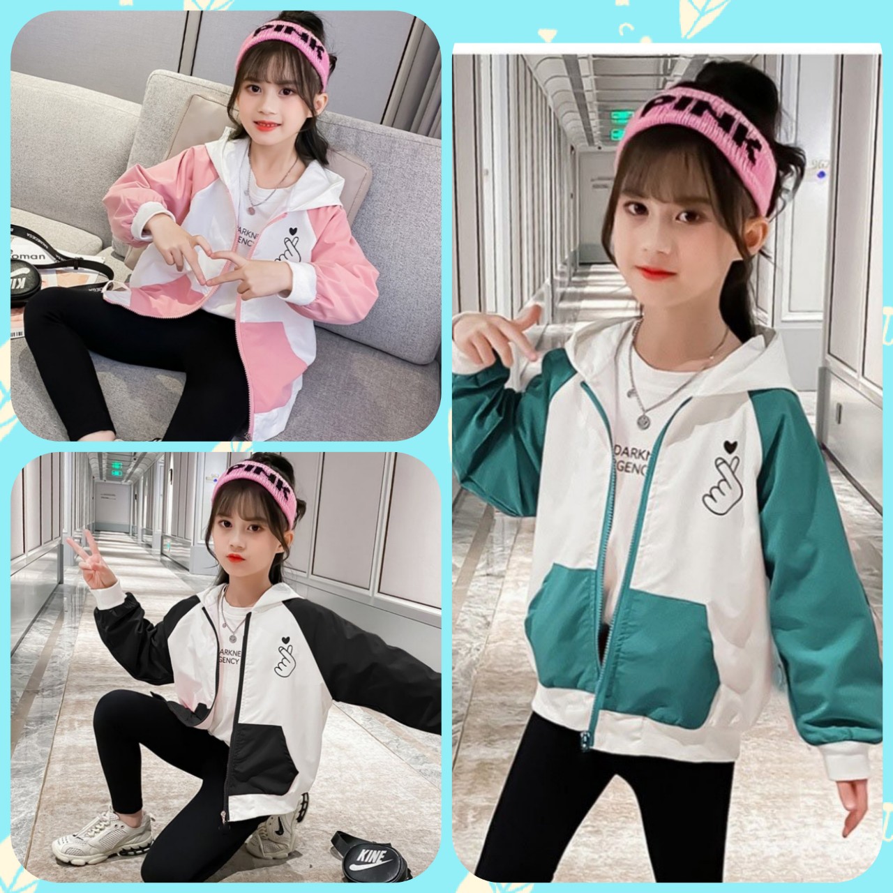 Áo Khoác Gió, áo khoác chống nắng 2 lớp phối màu in hình dễ thương dành cho bé gái từ 14kg - 40kg Q011