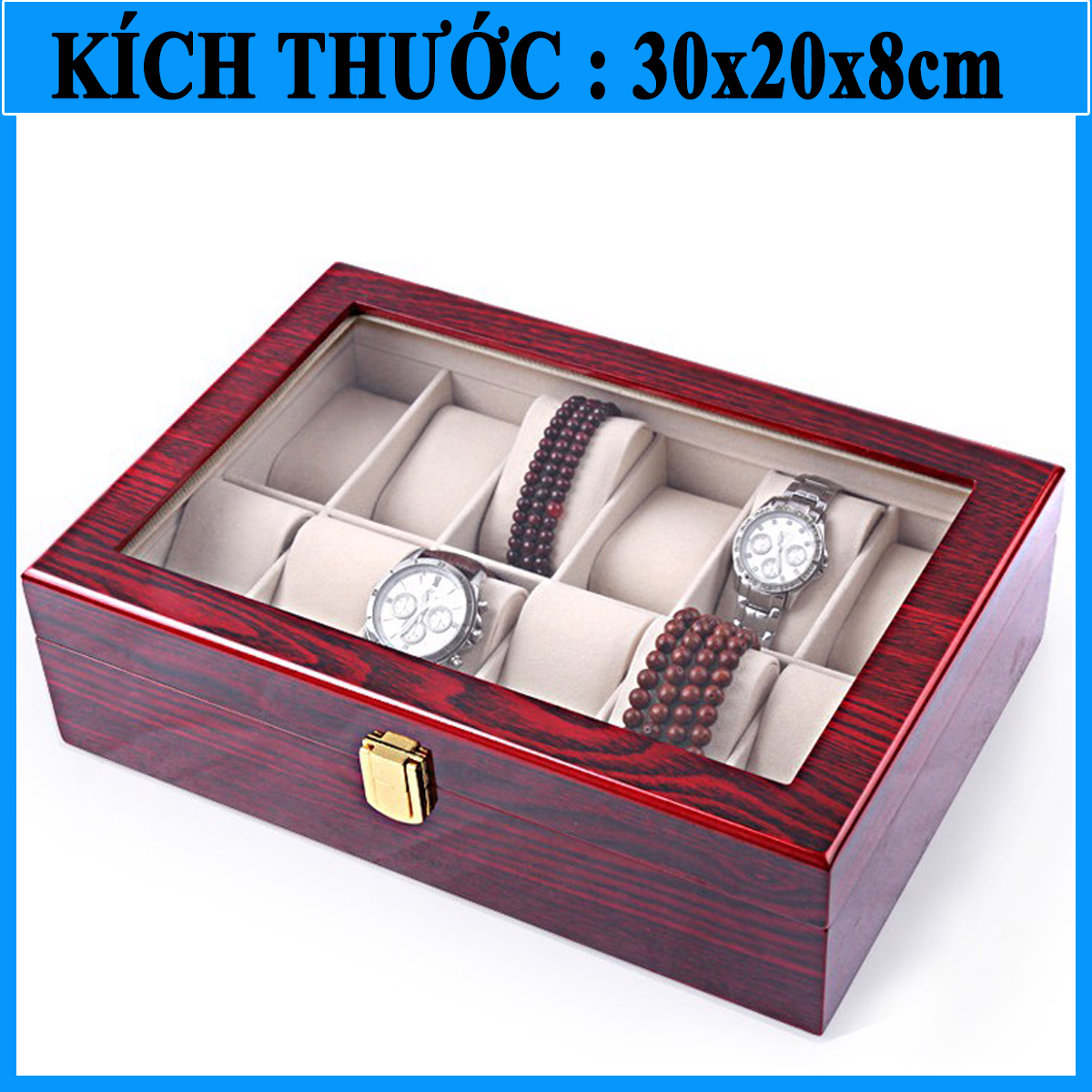Hộp đựng đồng hồ 12 ngăn bằng gỗ cao cấp, Hộp đựng đồng hồ