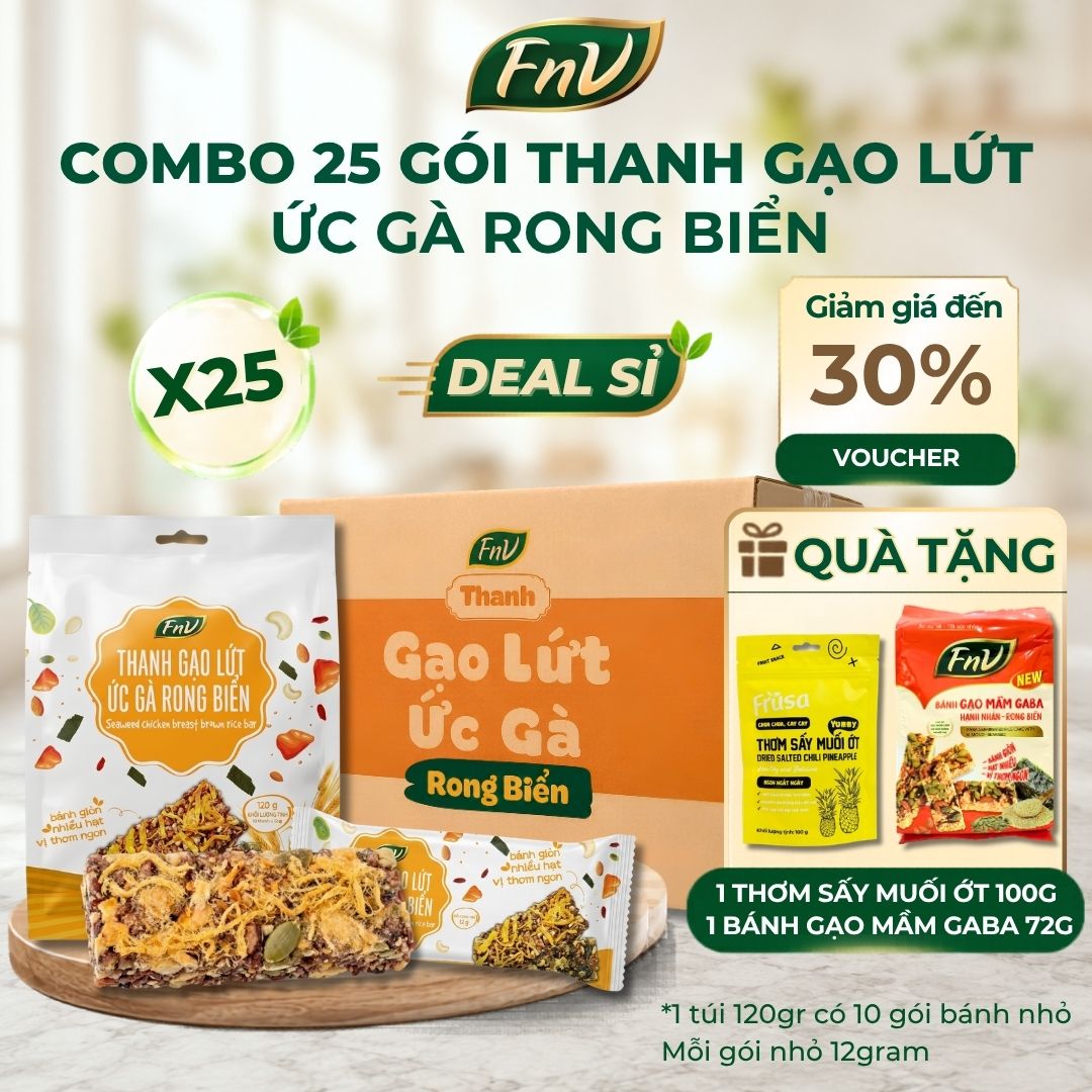 [DEAL SỈ] Combo 25 gói thanh gạo lứt ức gà rong biển ăn vặt không đường ít calo FNV 5 gói x 120g  bánh dinh dưỡng