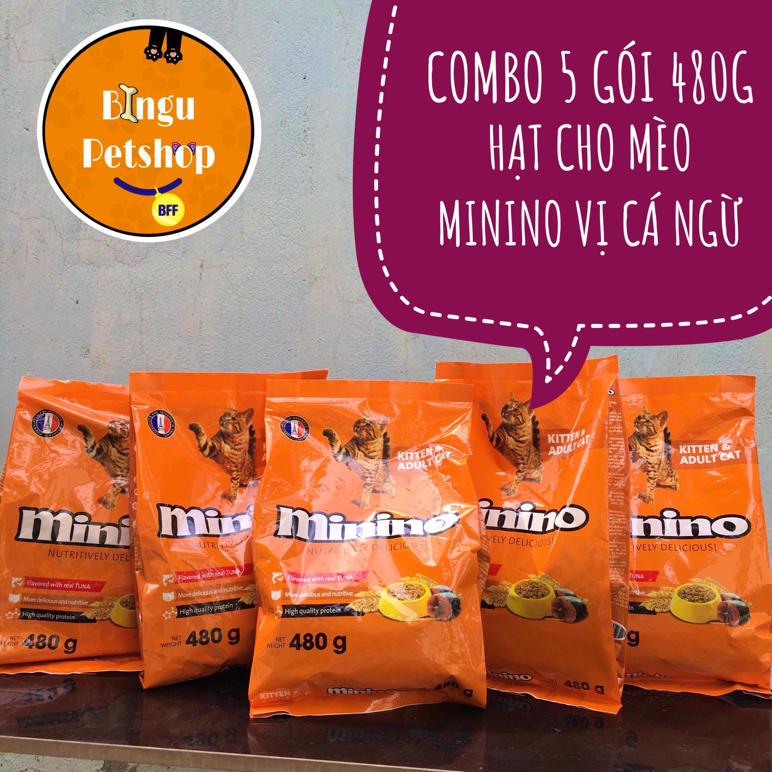 [COMBO 5 GÓI] Hạt Khô Minino Cho Mèo Lớn & Nhỏ Vị cá ngừ | Gói 480g | Bingu Petshop
