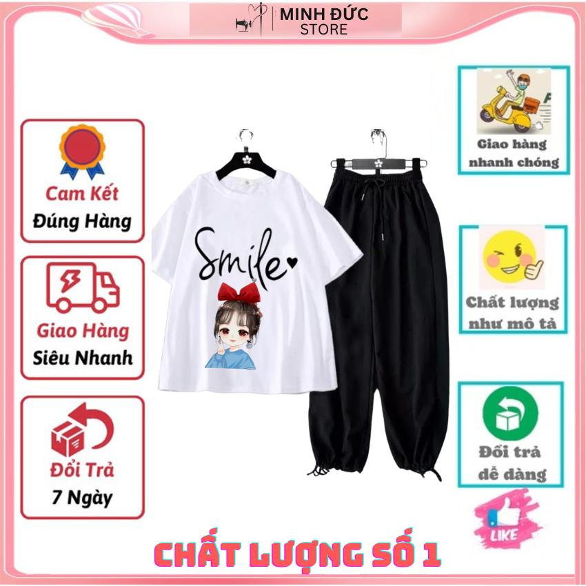 Sét bộ nữ, ss04 sét đồ nữ đi chơi đẹp in hình nụ cười cô gái dễ thương, sét áo vải cotton, hình in sắc nét và quần cá tính