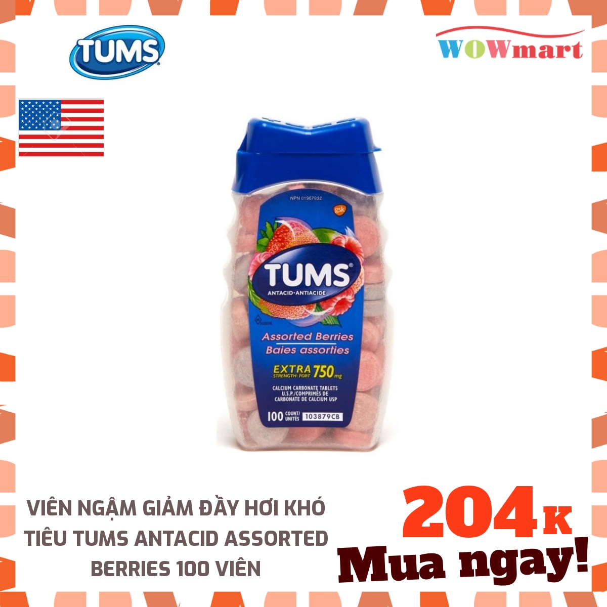 Viên ngậm giảm đầy hơi khó tiêu Tums Antacid Assorted Berries 100 viên -