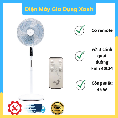 Quạt đứng Asia D16028-TV0 Trưng bày Kèm theo quạt có điều khiển từ xa sử dụng thêm linh hoạt, tiện lợi Có công suất hoạt động 45 W, quạt với 3 cánh quạt đường kính 40 cm tạo lưu lượng gió mạnh 55 m3/phút, làm mát tốt cho phòng