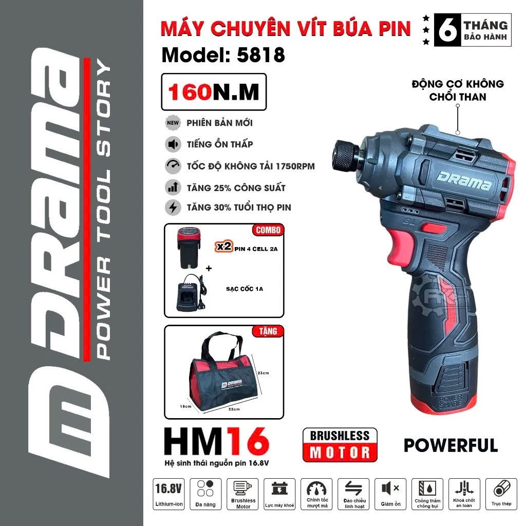 Máy chuyên vít có búa drama 5818 160N PIN 4 CELL lực siết 140Nm động cơ không chổi than