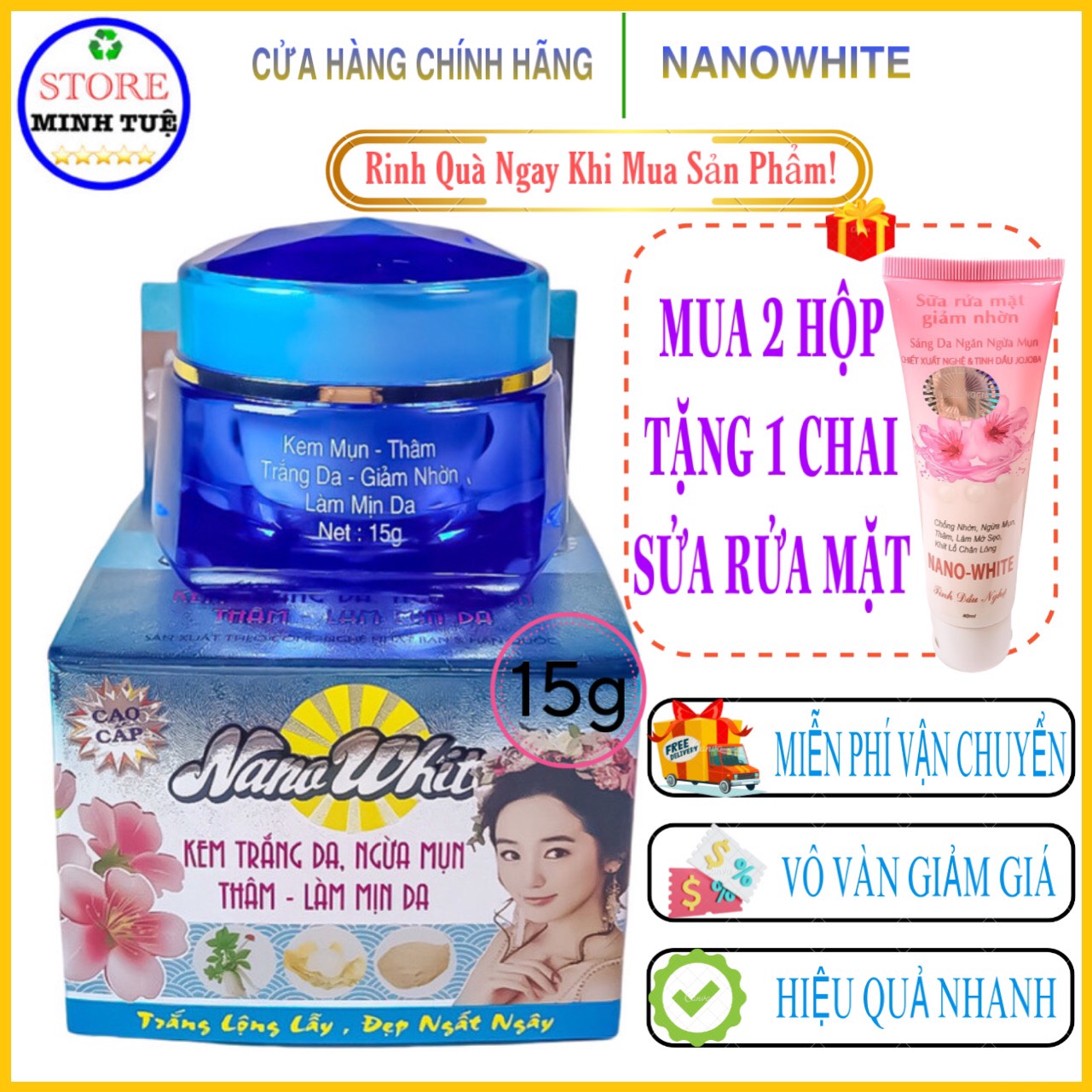 [HCM]Kem mụn Nano White thâm trắng da giảm nhờn làm mịn da trắng hồng rạng rỡ ( 15g ), MUA 2 TẶNG 1,Kem nano white.