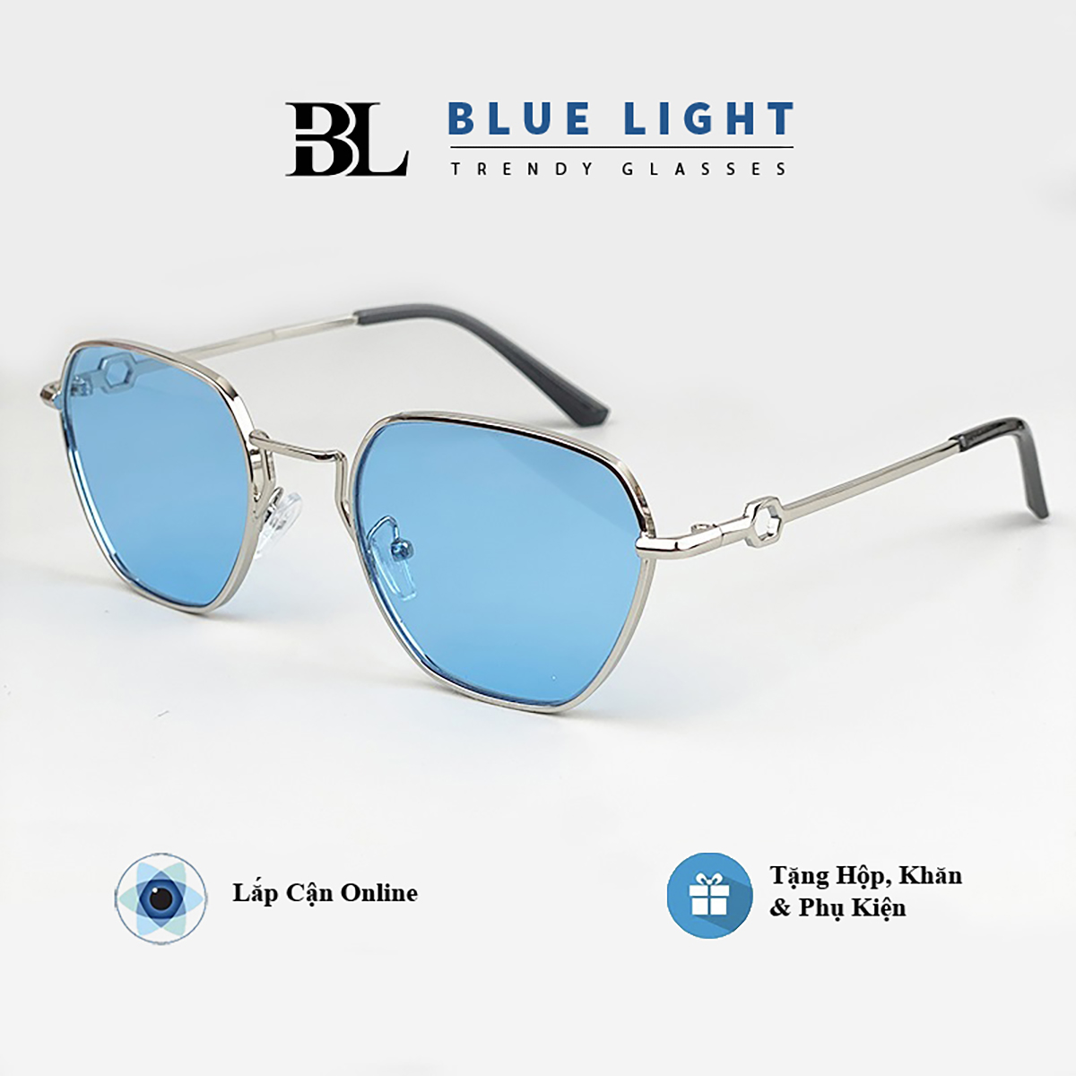 Kính Râm Kính Mát Nam Nữ Mắt Màu Vàng Xanh Dương Đen Gọng Kim Loại VIền Dày Cứng Cáp - BLUE LIGHT