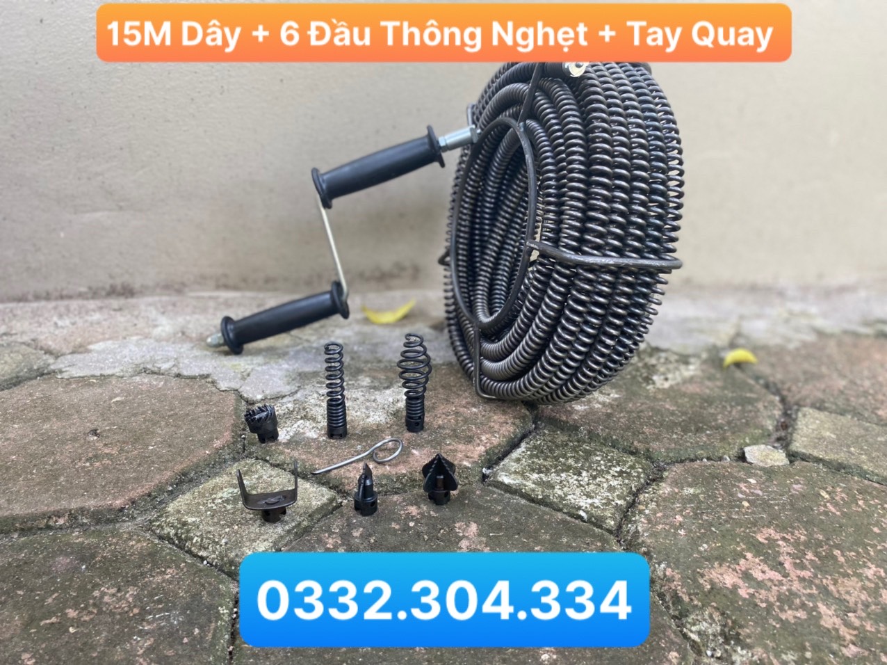 Chọn bộ dây thông cống 15M + Bộ 6 đầu thông nghẹt + Tay quay