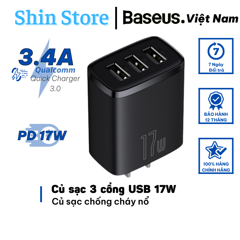 Củ sạc nhanh baseus compact 3 cổng sạc usb 17w, cóc sạc chống cháy nổ - shinstore
