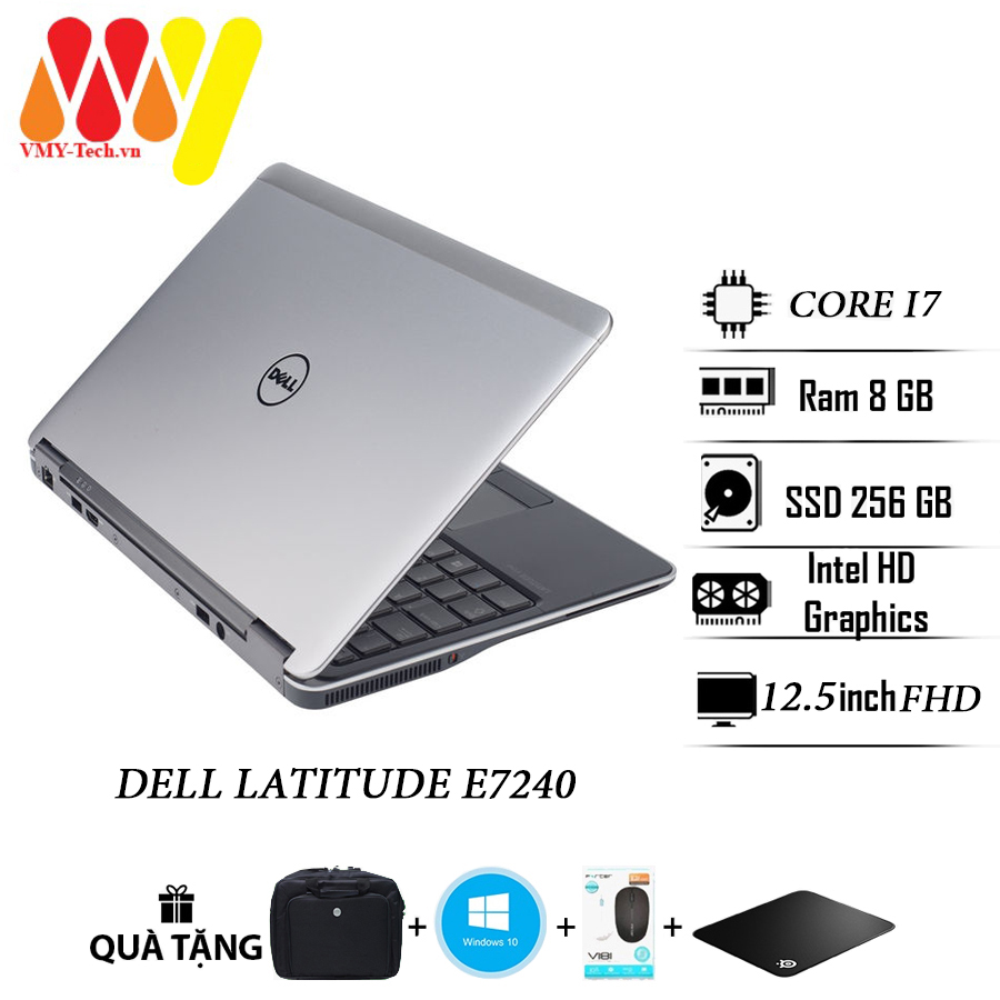 Laptop Dell Latitude 7240, E7240 siêu mỏng nhẹ cấu hình cao, Core i7, Ram 8gb, ổ cứng SSD 256gb, màn 12.5HD, laptop văn phòng lướt zin 99%