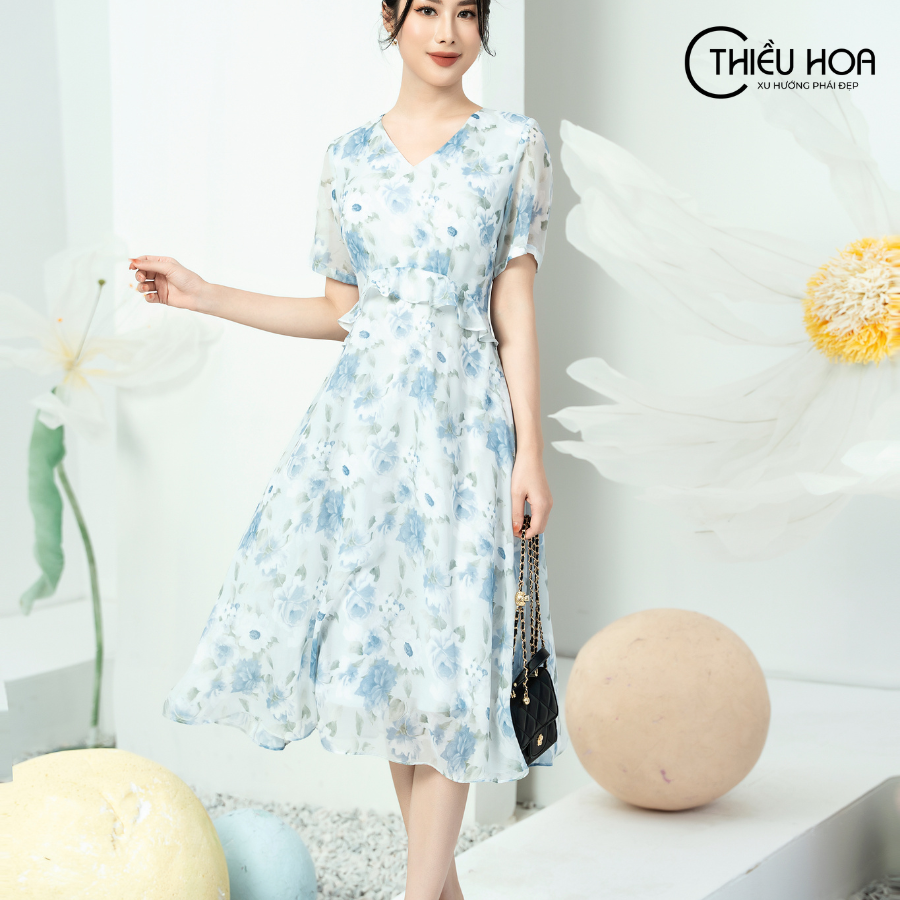 Đầm nữ dáng xòe chất vải Voan Hoa màu xanh trẻ trung thanh lịch L1013 Thời Trang Thiều Hoa