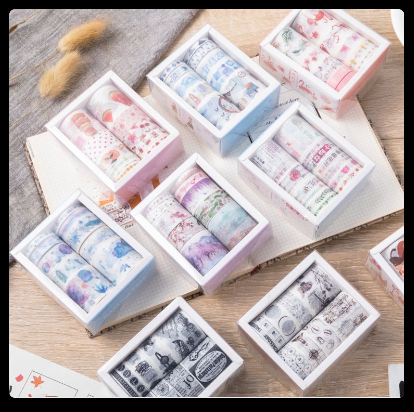Cuộn băng keo 10 Washi hình dán cute trang trí album, sổ - đồ dùng học tập dễ thương giá rẻ cho học sinh hộp 10 cuộn