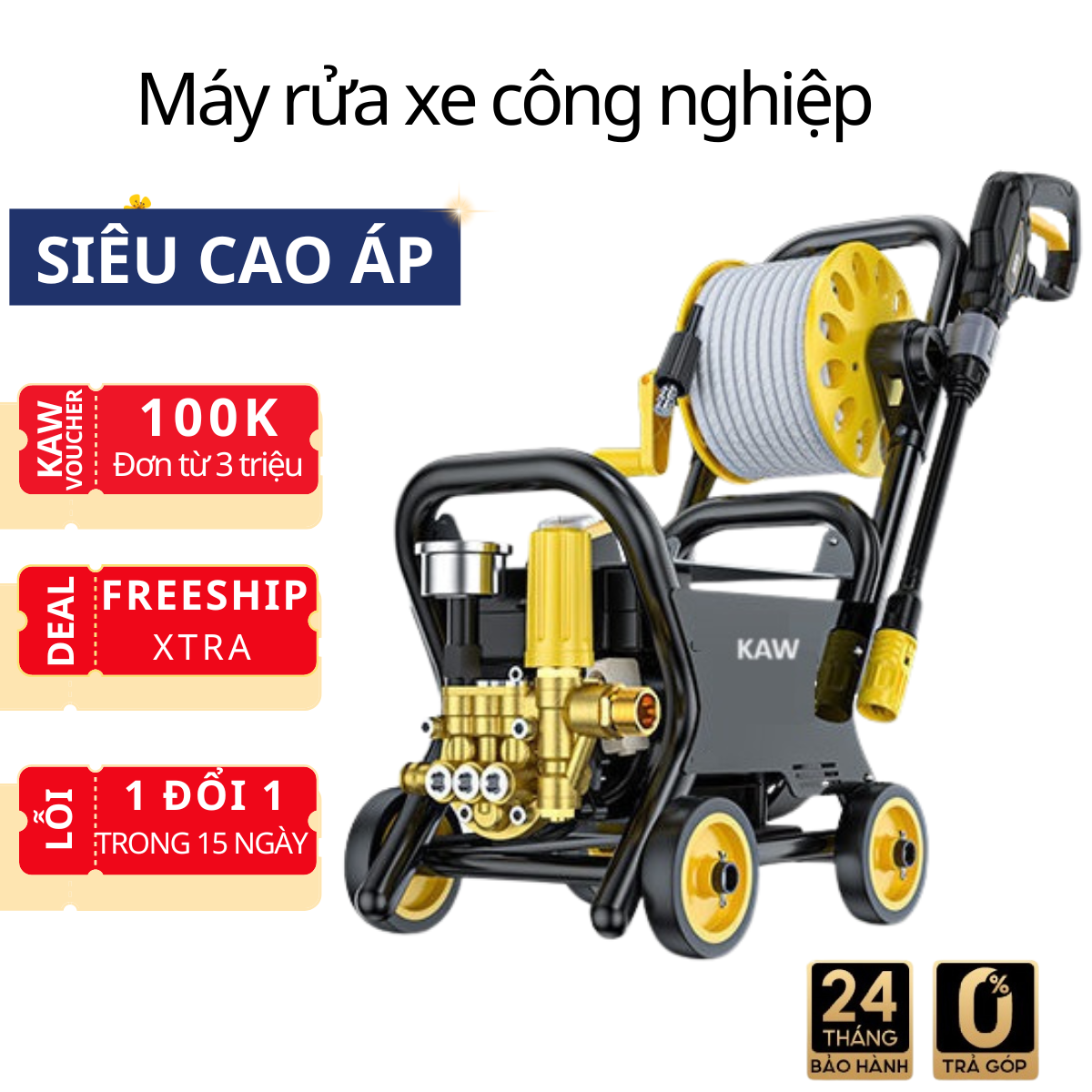 Máy Rửa Xe Cao Áp KAW Lõi Đồng, Máy Bơm Rửa Xe Công Nghiệp Tia nước xa 10m, có Rulo, dây dài 15m