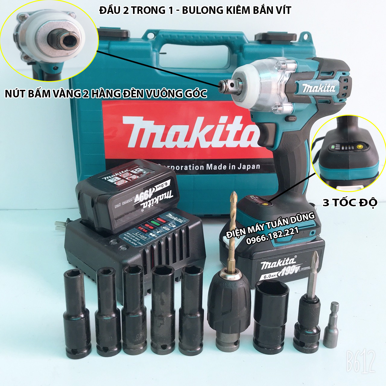 Máy bắn vít tôn bulong dùng pin Makita 199V Lực siết 500Nm Động cơ KHÔNG CHỔI THAN Dụng cụ cần thiết cho gia đình