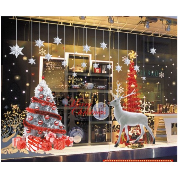 Decal trang trí Noel - Combo thông trắng và nai trắng Decal dán tường, dán kính, trang trí Noen, cửa hàng- Tuần lộc trắng